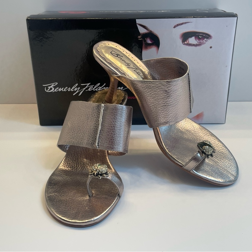 New Beverly Feldman Women's Metallic Sandals with Fun crystal lady bugs on toe.